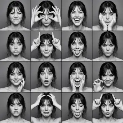 Black and white 4x4 photobooth expression grid contact sheet
