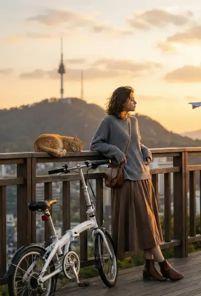 Golden-hour balcony scene with a folding bicycle and a sleeping cat