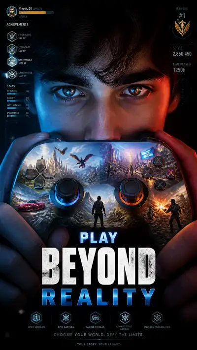 Play beyond reality gaming controller ad concept poster