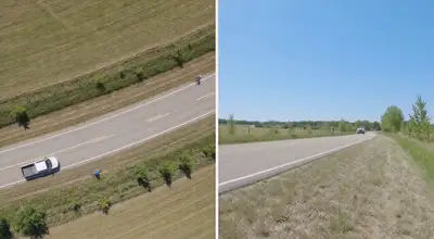 Escena de casi accidente vial sincronizada en dos tomas