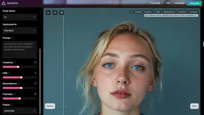 Midjourney Portrait Prompt: Young Blonde Woman in Blue Shirt