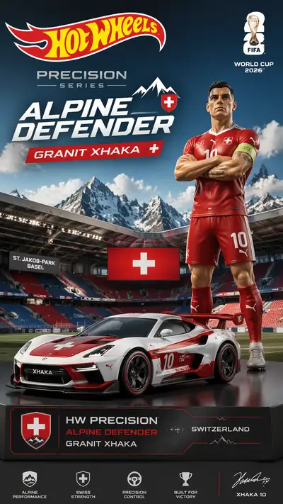 Hot Wheels poster of Granit Xhaka as Alpine Defender car