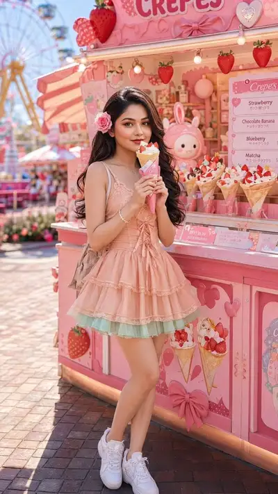 Kawaii-Porträt am Vergnügungspark-Crêpe-Stand mit Gesichtserhaltung
