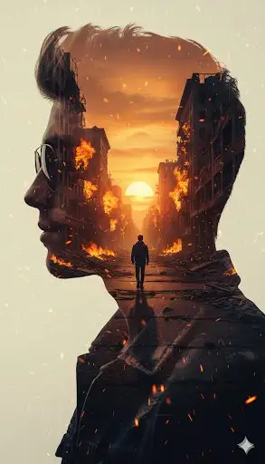 Prompt de portrait en double exposition post-apocalyptique