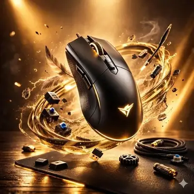 Gaming mouse floating with golden energy rings