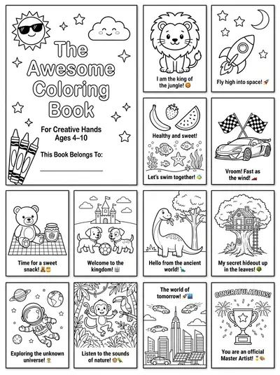 Kids coloring book page layout with animal and adventure themes