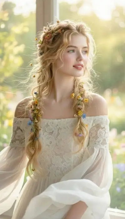 Cottagecore Portrait with Wildflowers in Twin Braids