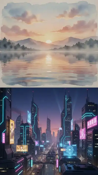 Video em tela dividida: lago em aquarela vs paisagem urbana de arte digital, Gemini Omni