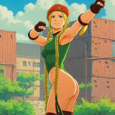 Femme athlétique Cammy en style anime Studio Ghibli