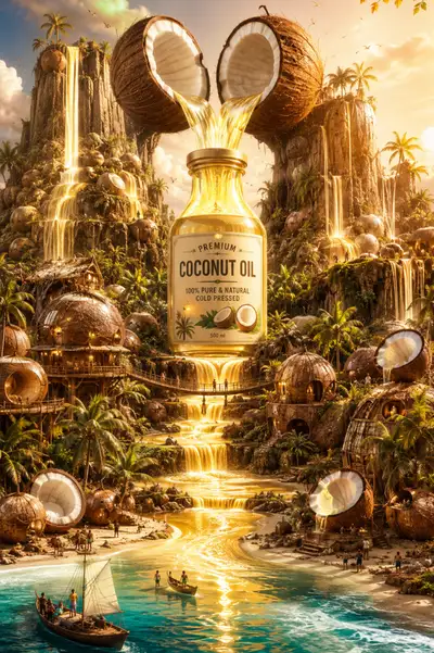 Publicité surréaliste d'un monde fantastique à l'huile de coco