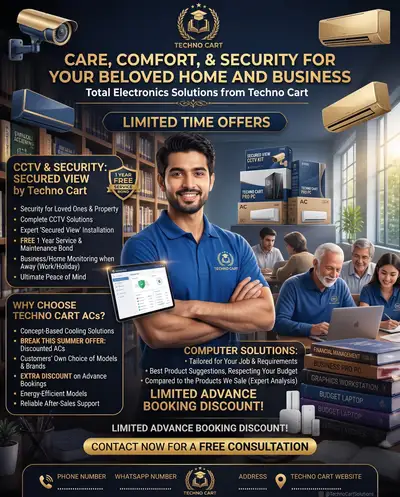 Advertisement for an electronics and security shop with summer AC deals