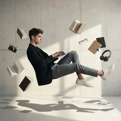 Hombre de negocios flotando rodeado de objetos sin peso