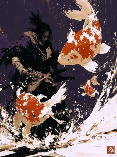 武士水墨画配血红飞溅