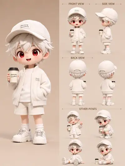 3D chibi character design turnaround sheet