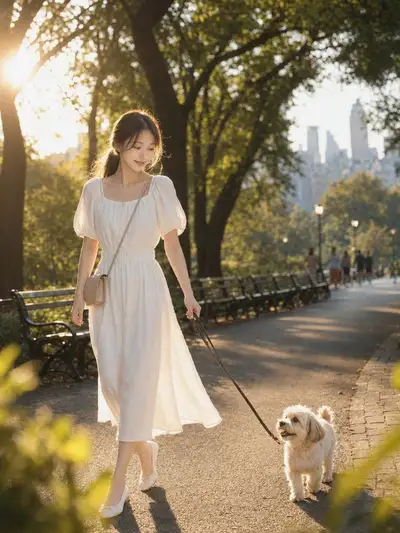 黄金时刻 DUMBO 肖像，女子与玩具贵宾犬
