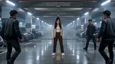 Woman fights multiple men in parking garage action scene