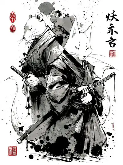 水墨（墨绘）风格武士狐狸与老鼠插画