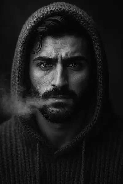 Ultra-realistic black and white portrait of Tony