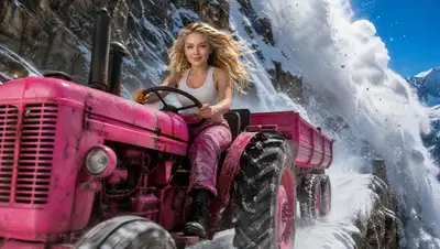 Carrera cinematográfica de tractor escapando de una avalancha en la montaña