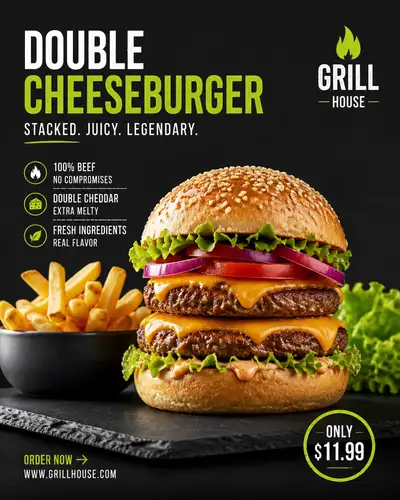 Double cheeseburger and fries food advertisement
