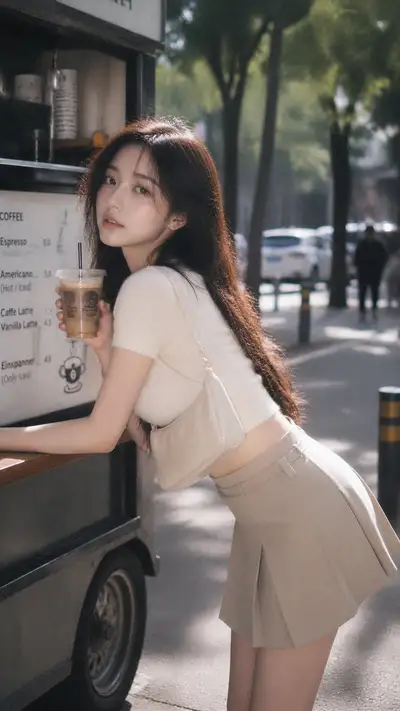 移動式コーヒーカートでのヒーリング風ストリート写真テンプレート