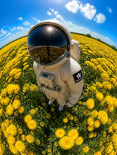 Astronauta em um campo de flores brilhante com distorção grande angular