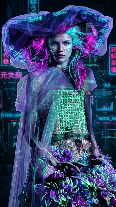 Cyberpunk Neon Floral Portrait