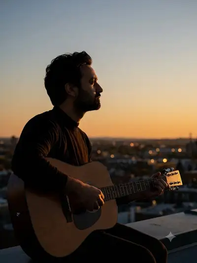 Golden hour rooftop silhouette of a man playing guitar