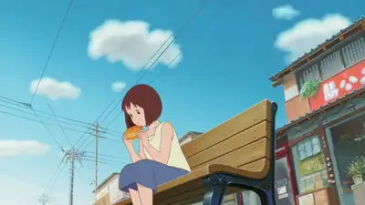 Anime-style bakery scene with drifting clouds