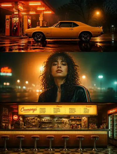 Synthwave triptych montage of car, portrait and diner