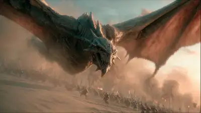 Krieger reitet auf einem monströsen Drachen über ein zerstörtes Schlachtfeld
