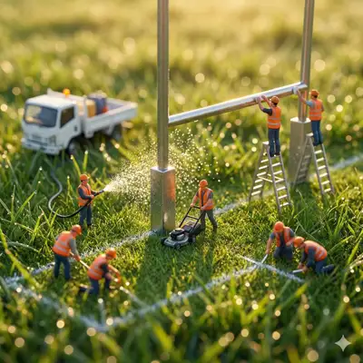 Miniature Construction Workers Installing a Rugby Goal Post