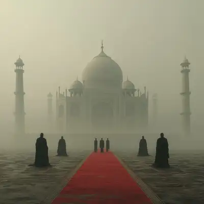 Surreal Minimalist Landmark Scene with Fog and Red Carpet