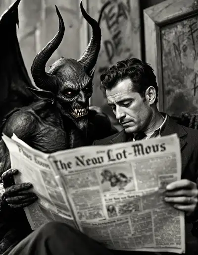 Vintage Man Reading Newspaper with Demon