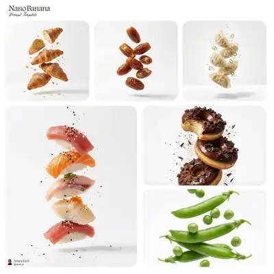 Floating stacked food advertising prompt on white studio background