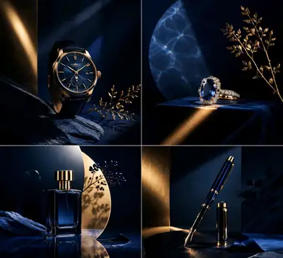 Minimalistische Luxusprodukt-Werbung in Mitternachtsblau und Gold