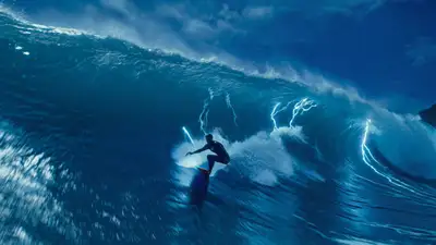 Surfer Riding Supernatural Tidal Wave with Blue Lightning