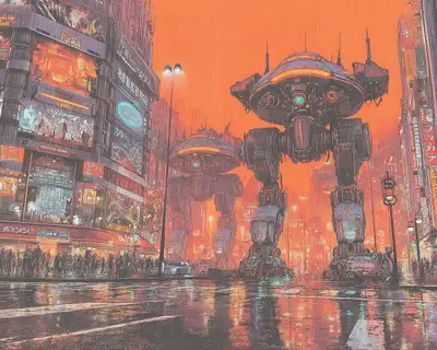 Cyberpunk Neon Mech Street Scene