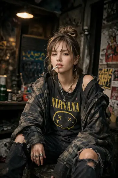 Defiant grunge-style portrait of a woman in an urban setting