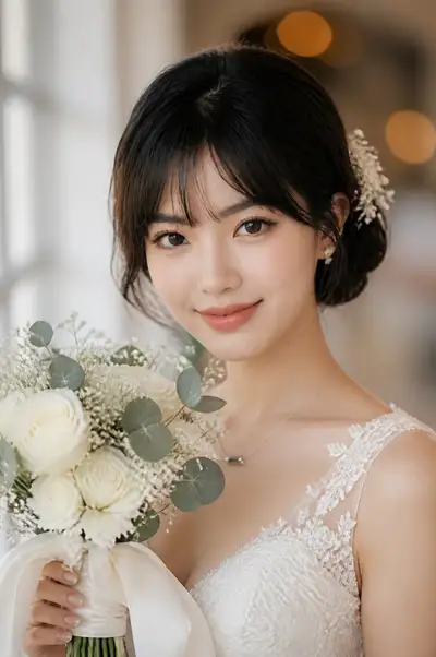 Close-Up Portrait of an Asian Bride With a Bridal Bouquet