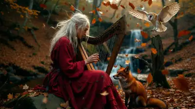 Lived-in Pagan Forest Harpist Scene