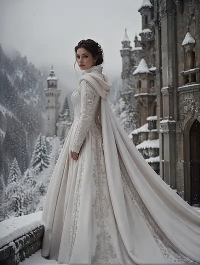 Snow-white couture gown fashion shot beside a snowy castle