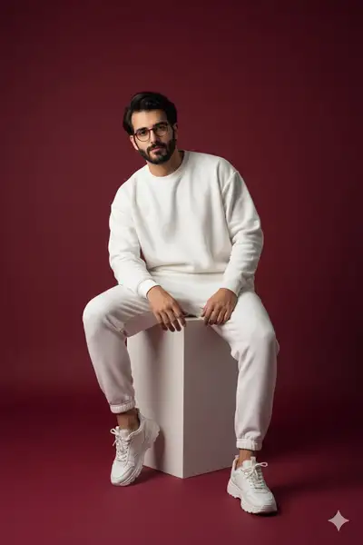Retrato de moda de estúdio em cubo branco com fundo vermelho