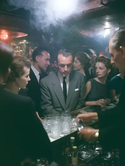 Candid documentary photo of a 1955 underground jazz club