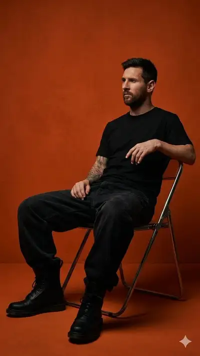 Dark orange studio portrait of a young man on a folding chair