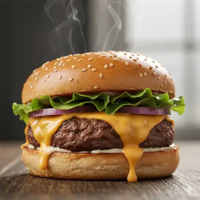 Foto macro de comida de um cheeseburger gotejante