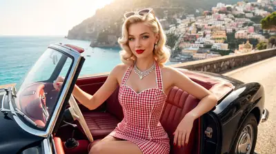 Retro-Pin-up-Luxusschmuck-Porträt in einem BMW-Cabrio im Vintage-Stil