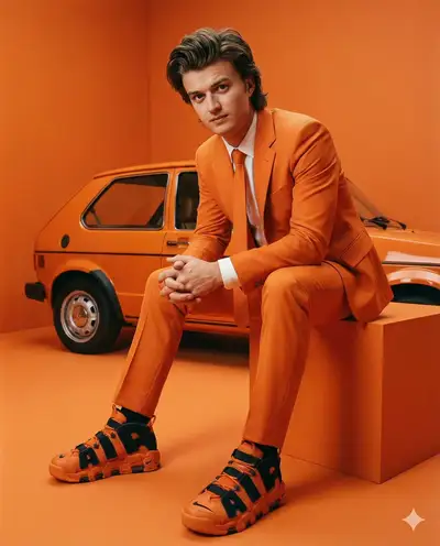 Prompt éditorial de mode 'King Steve' en costume orange