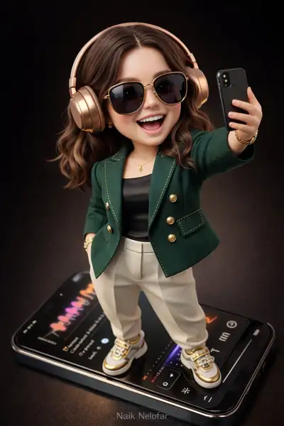 3D chibi figure standing on a giant smartphone taking a selfie