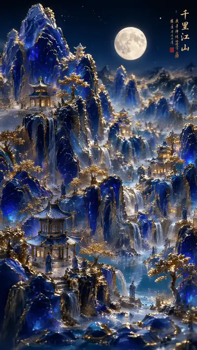 3D relief diorama of a Chinese landscape painting with gemstone mountains